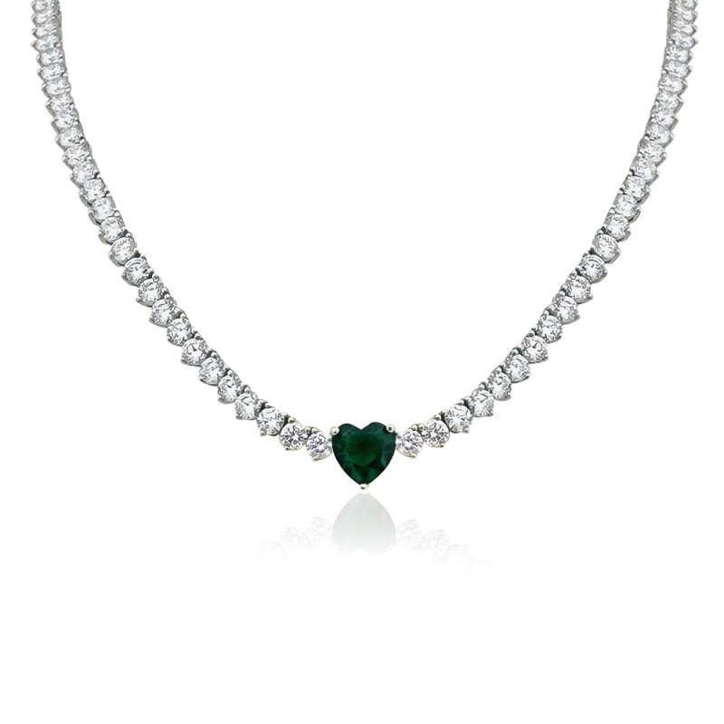 Green Emerald and Diamond Drop Necklace in 14K White Gold - RubyandGems.com
